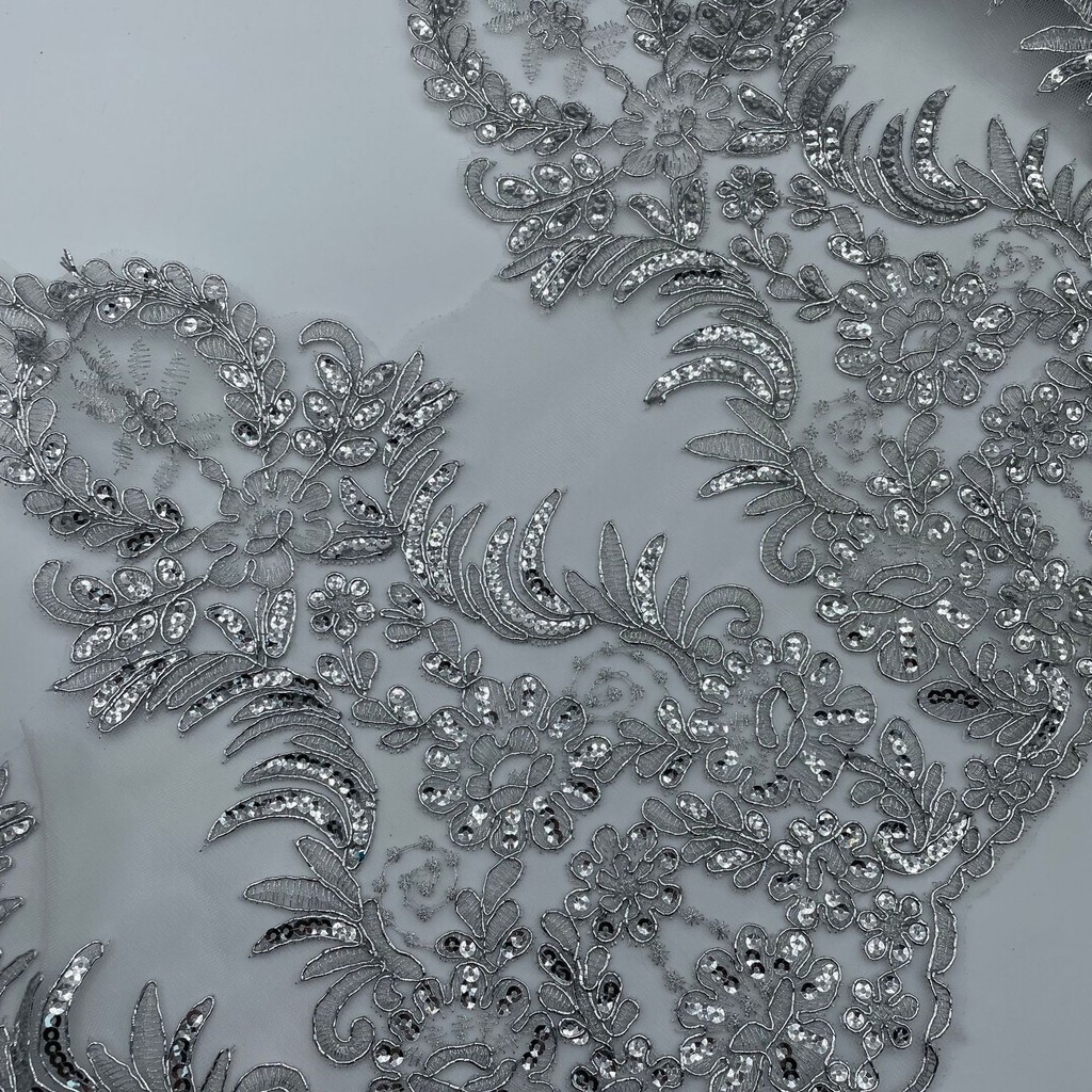 

Delicate 1Yard Silver Sequin Cording Fabric Flower Venise Venice Mesh Lace Trim Applique Sewing Craft for Wedding Dec. 36cm wide
