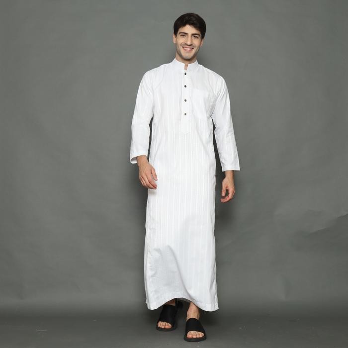 Gamis Pria Arab Jubah Pria Putih Thobe Motif Salur Lengan Panjang Muslim Remaja & Dewasa - Salur Bul