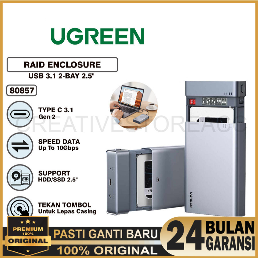 UGREEN USB C 3.1 To 2.5inch Dual Bay RAID Hard Drive Enclosure - 80857
