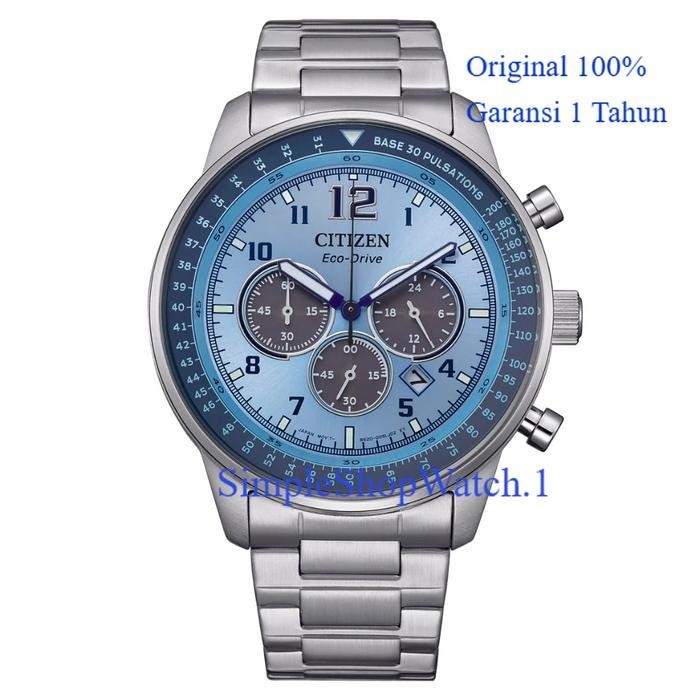Original 100% Jam Tangan Pria Citizen CA4500-83M Eco-Drive Chronograph Blue Dial Stainless Steel Gar