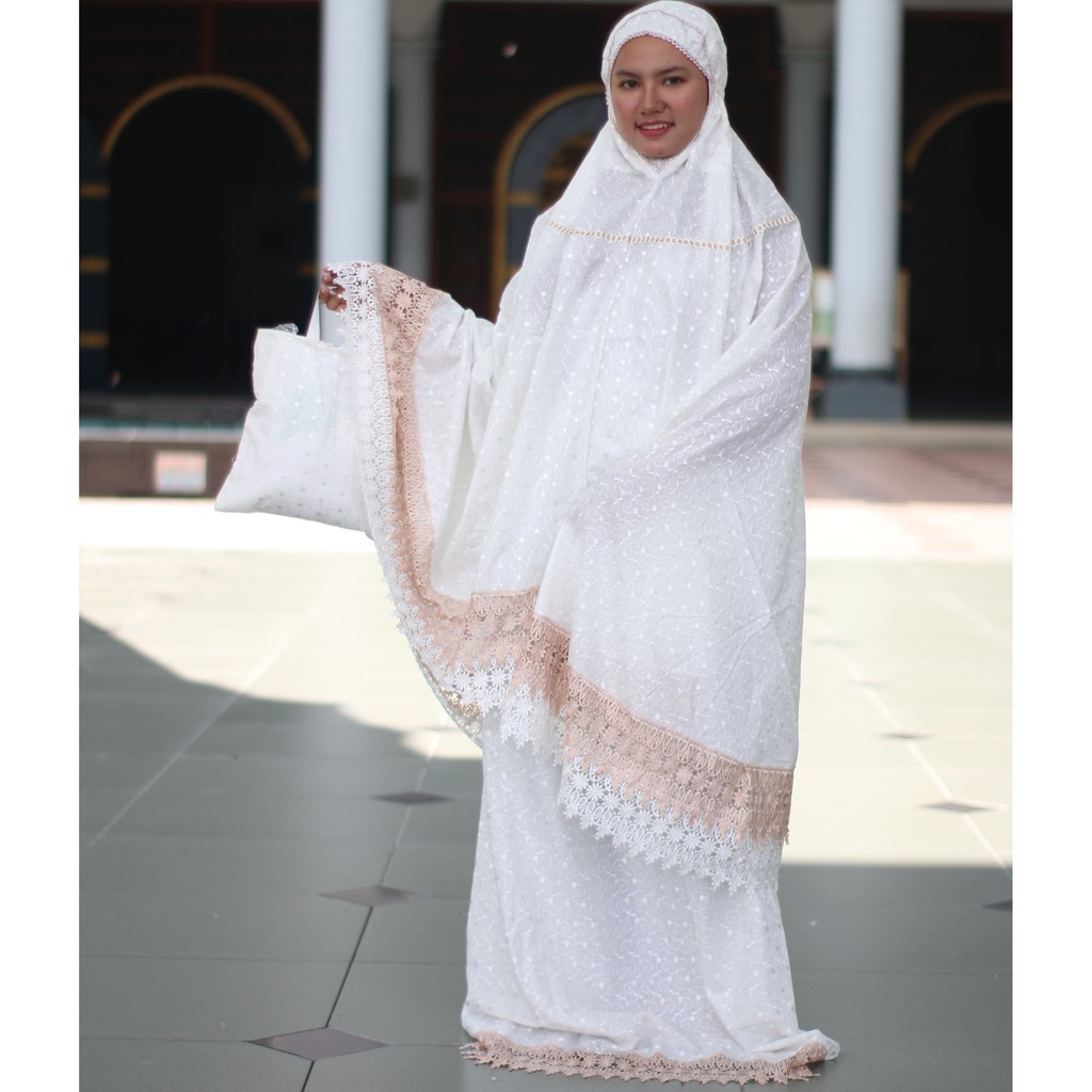 Ready Stock Mukena setelan dan terusan katun sutra Jepang prada full bordir putih renda putih coklat