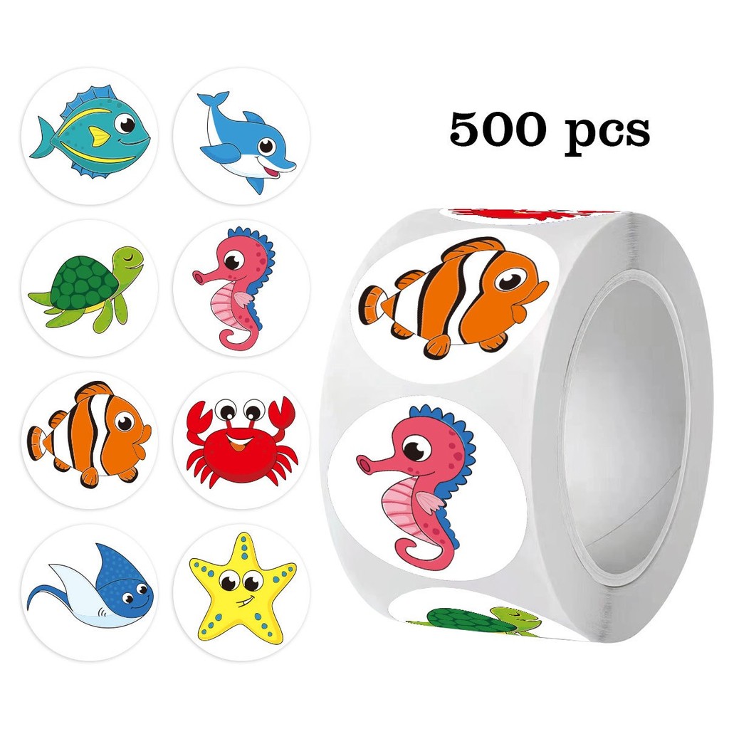 

500 Pcs Ocean Animal Stickers - Seals with Glossy Round Paper Labels, Single-Use Adhesive, Assorted Underwater Creatures for Tha