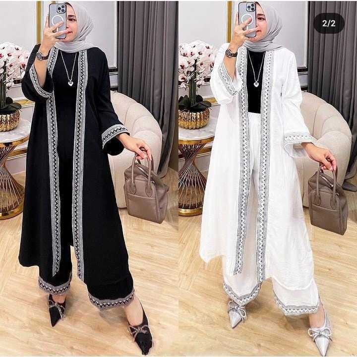 Oneset Outer Crinkle Airflow Aplikasi Bordir-Zara Setelan Long Tunik-One Set Remaja Kekinian-Stelan 