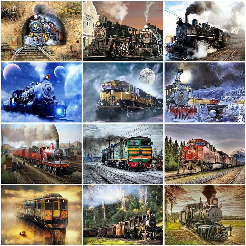 

Paint By Number Canvas Painting Kits Landscape DIY Unframe Coloring By Numbers Train Acrylic Paint KitsUnique Gift