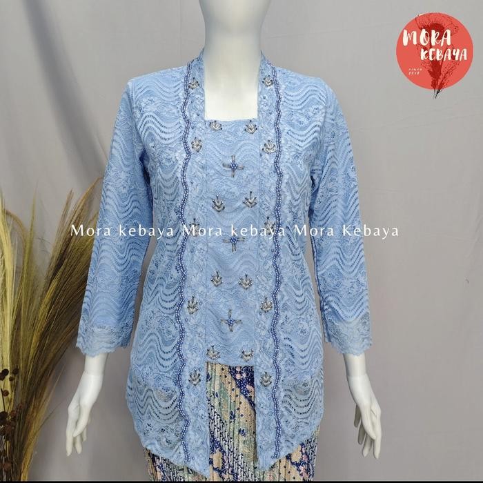 

Moramora kebaya_Kebaya kutubaru lengan panjang resleting depan variasi payet/kutubaru modern mix payet - Baby blue, S