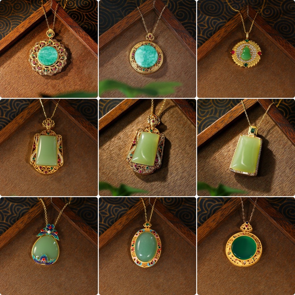 Desain ceruk emas asli berlapis emas imitasi bertatahkan liontin giok Hetian sedikit bertatahkan ber