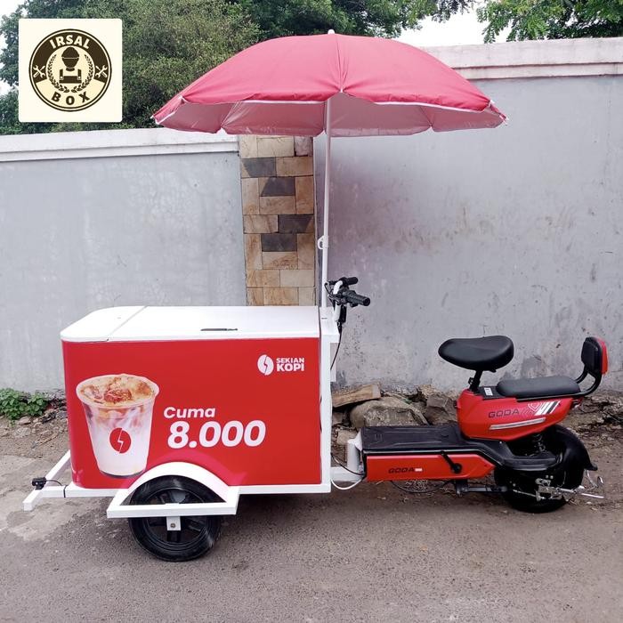 Sepeda Listrik Kopi dan Box nya ukuran 100x60x60 cm gerobak es kopi keliling gerobox ice coffe
