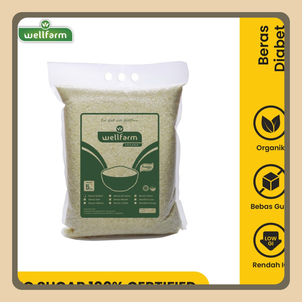 

Beras Diabetes Organik 5Kg Kemasan Baru Non Vacuum | WellFarm Beras Diabet Organik Free Sugar Low GI