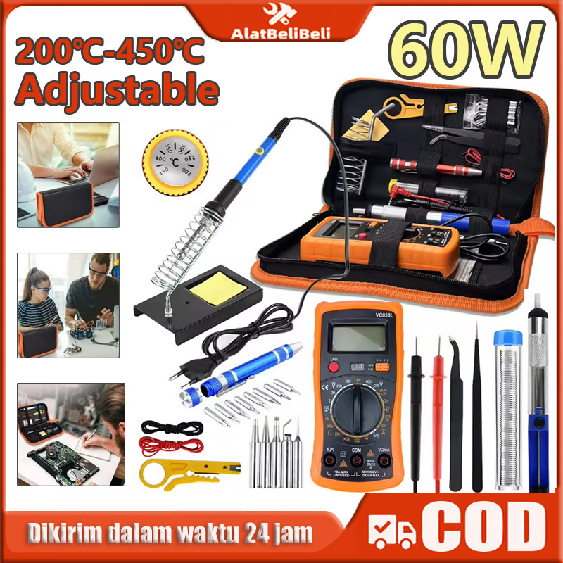 【COD】Set besi solder lengkap 60W, kit peralatan besi solder dengan multimeter, 220V 60W/set ​​solder