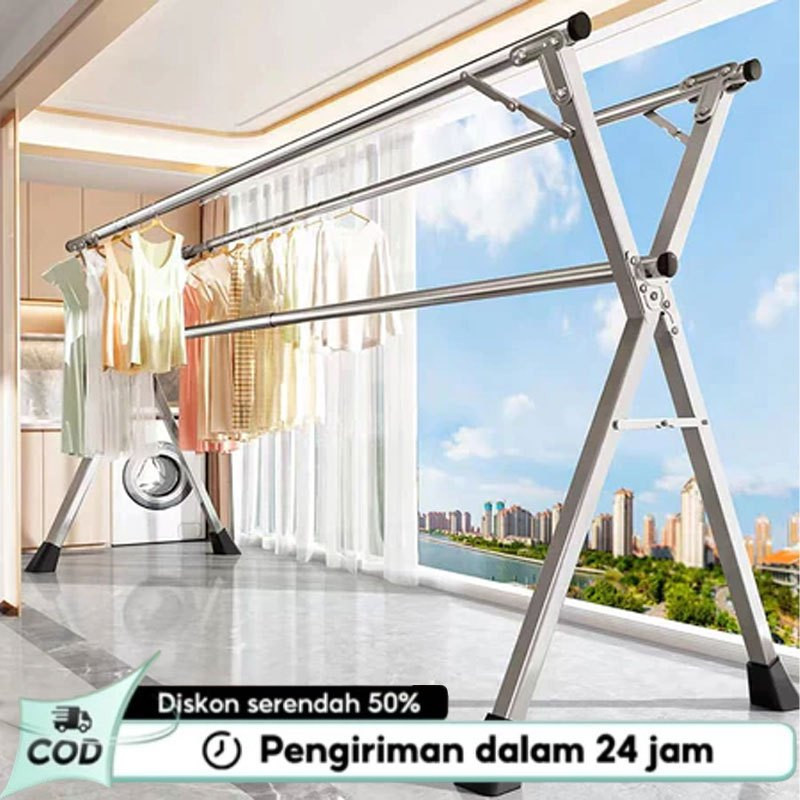 【OKEEY MEDAN 】Jemuran Baju Stainless Steel 200cm - Rak Jemur Pakaian Lipat Anti Karat & KuatMDN