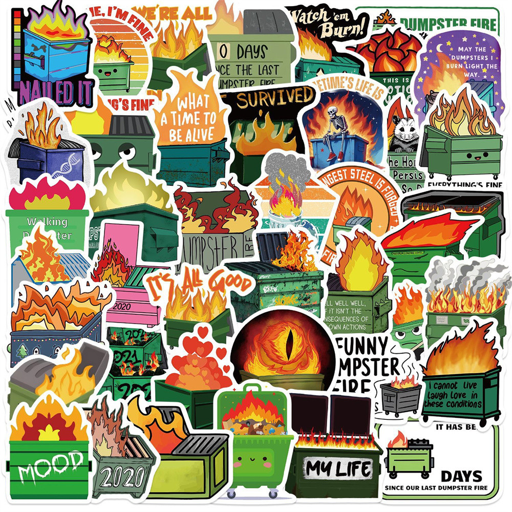 

50pcs Cartoon Trash Can Fire Graffiti Stickers For Suitcase Phone Case Laptop Guitar DIY Craft Supplies Sticker Vintage