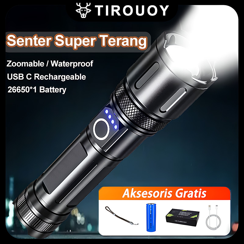 Senter Led Super Terang 90000 Lumens USB-C Anti Air Lampu Senter Cas Swat Jarak Jauh Senter Berdaya