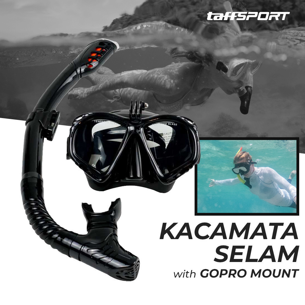 Kacamata Selam Karet Elastis Scuba Diving Snorkeling with GoPro Mount - Black