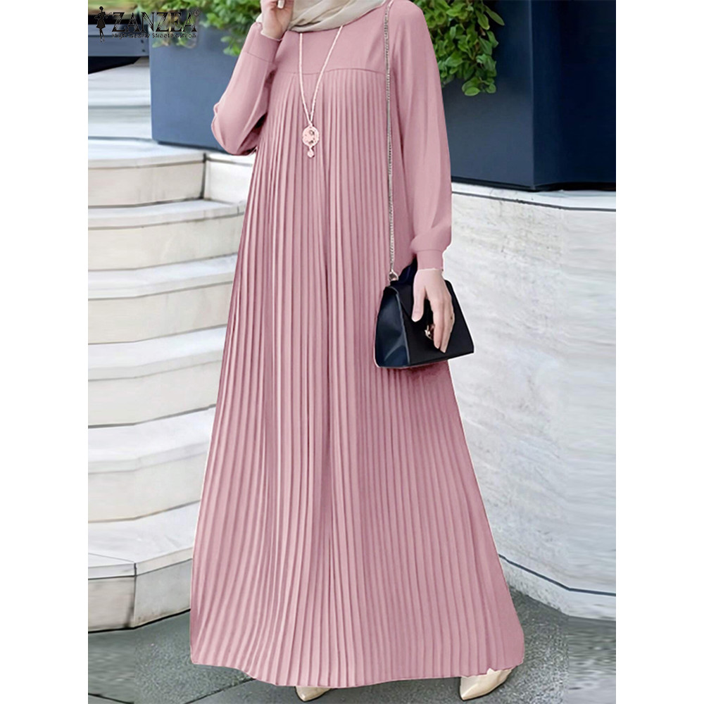 2024 ZANZEA Autumn Elegant Long Sleeve Pleated Sundress Muslim Abaya Hijab Dress Fashion Casual IsIa