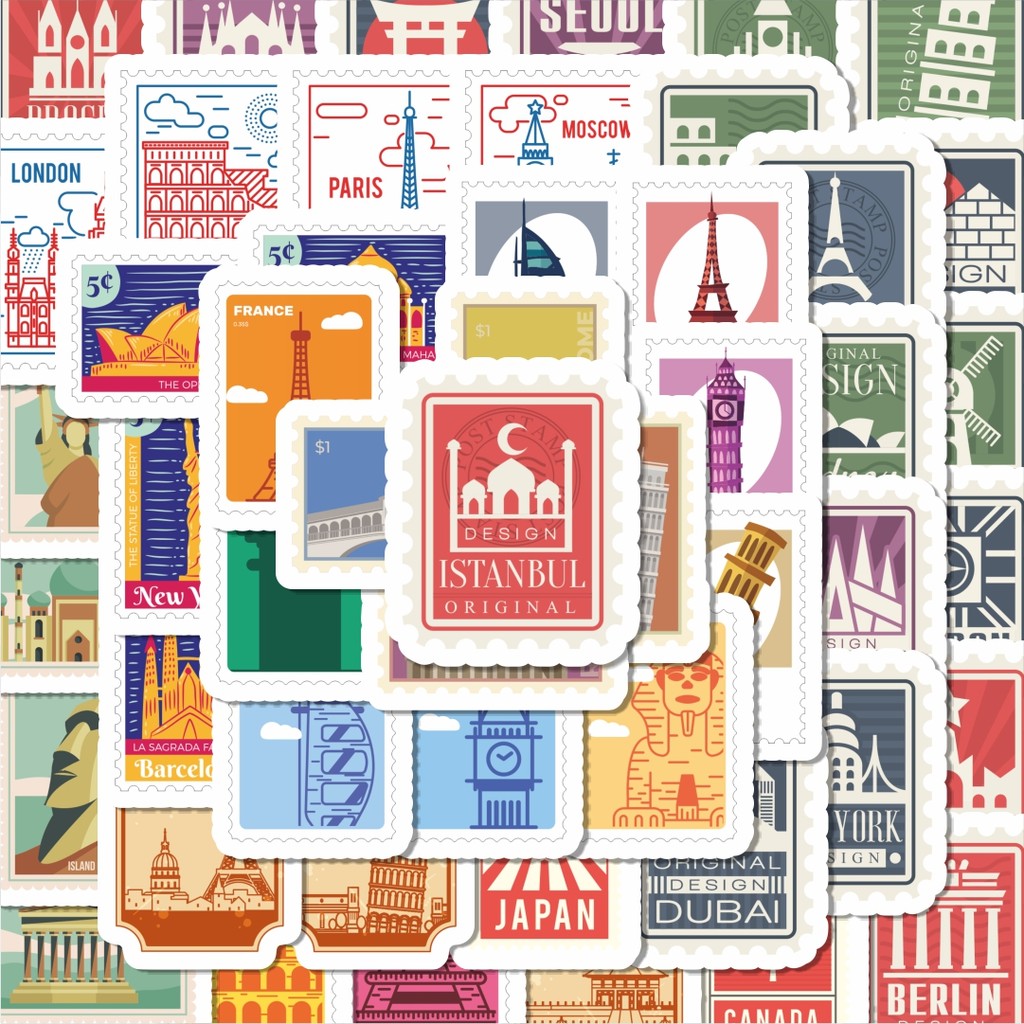 

100PCS Lucu Sticker Stamp Pos Kota Paris New York London Rome Sticker Stiker Aesthetic Stiker Anti Air Stikers Berperekat Waterproof sticker decal buat Motor Helm Buku Journal Koper Casing HP Laptop Botol Minum Hadiah anak