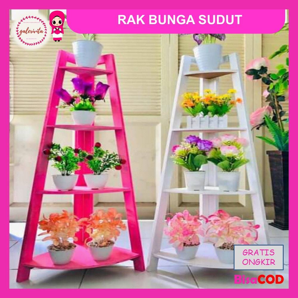 Rak Bunga Sudut Hiasan Dinding / Rak Bunga Minimalis Kayu Warna / Rak Bunga Susun Kayu Warna