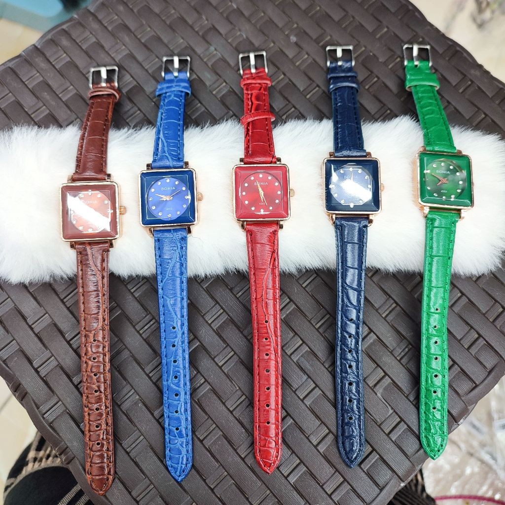 BJY0029 Jam Tangan Wanita Model Kotak Tali Kulit Motif Bonia Fashion Murah
