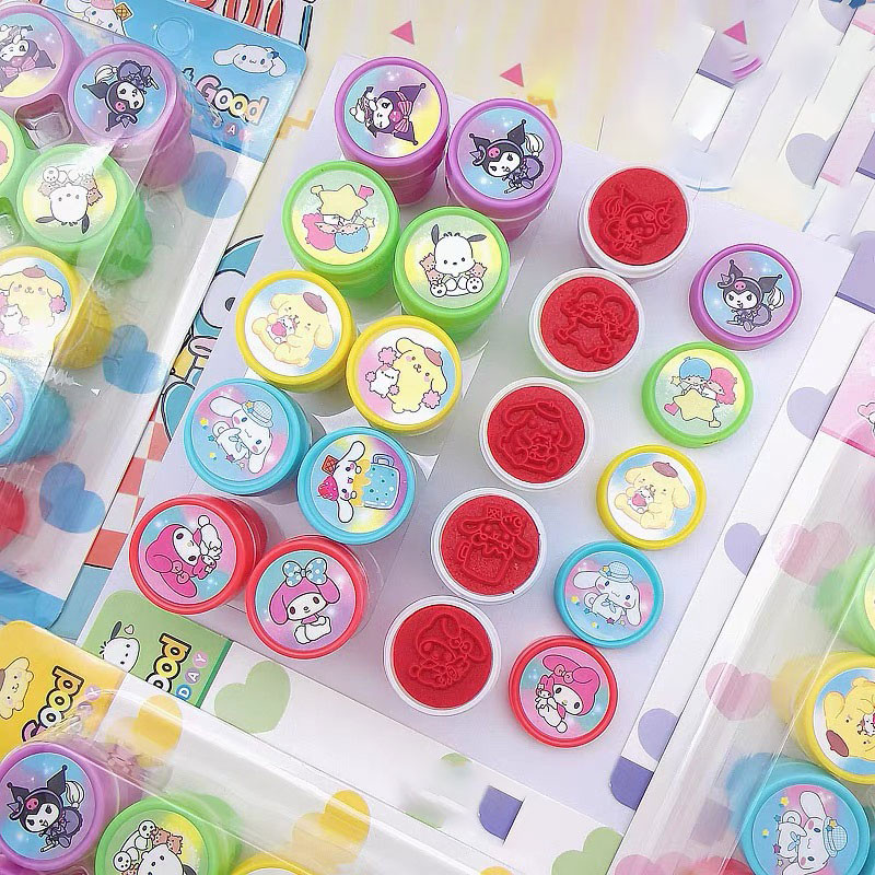 

10Pcs/Set Sanrio Self-Ink Stamps Cute Hello Kitty Kuromi Melody Cinnamoroll Face Seal Diy Painting Photo Album Stamp Kids Toys
