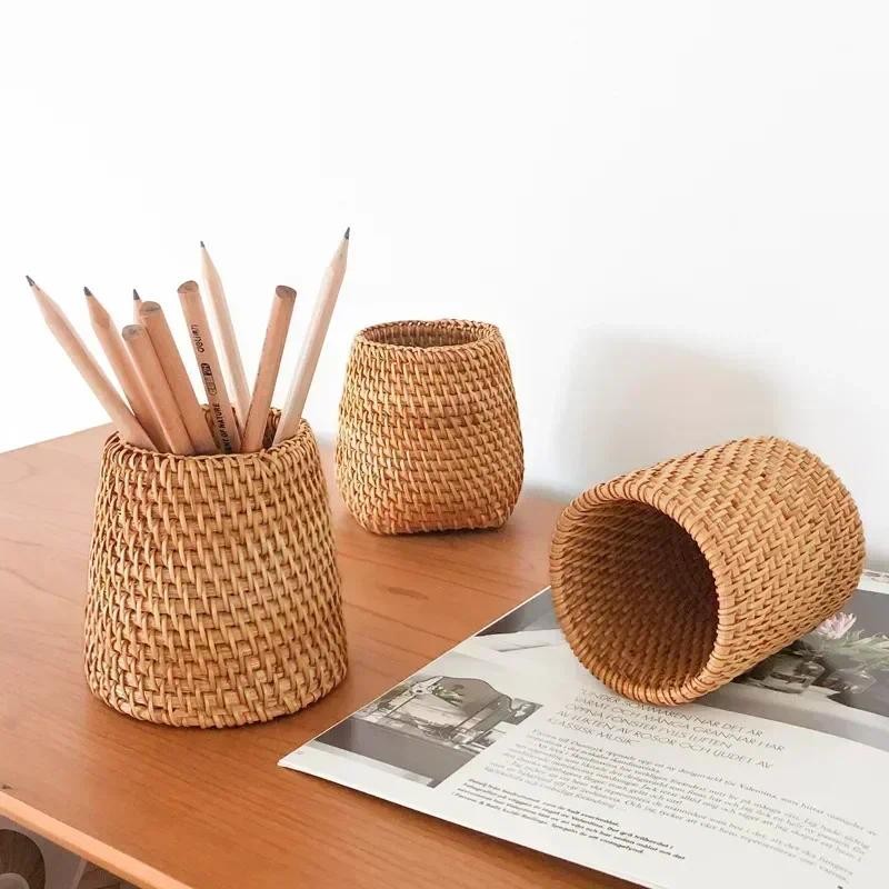 

Handmade Pen Holder Handwoven Wood Rattan Stationery Container Storage Box School Desk Accessories Decorative Desktop Organizer