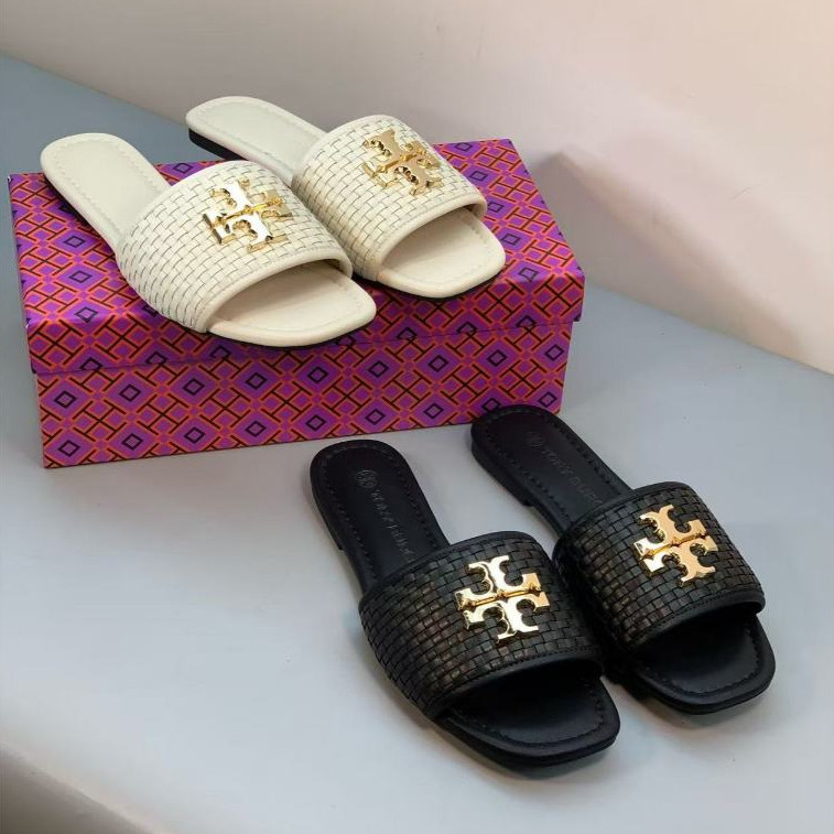 【With box 】 TB   Latest Eleanor Series Two Colors Genuine Leather Woven Slippers