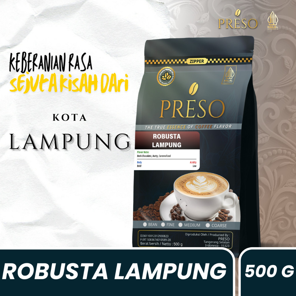 

PRESO Biji Kopi Bubuk Robusta Lampung Coffee Roast Beans Espresso Bean Coffe 500 gram