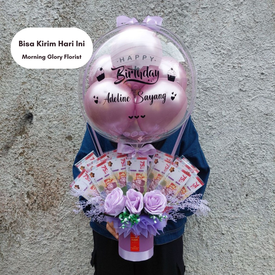 <Bisa Kirim Hari Ini>  Balon Bouquet Buket Bucket Uang + Bunga (Isi Uang Sendiri) - Morning Glory