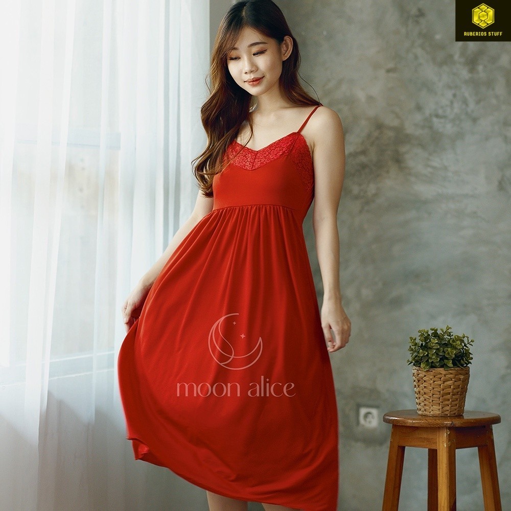 Moon Alice Babydoll Daster Seksi tanpa Lengan Renda Merah L275