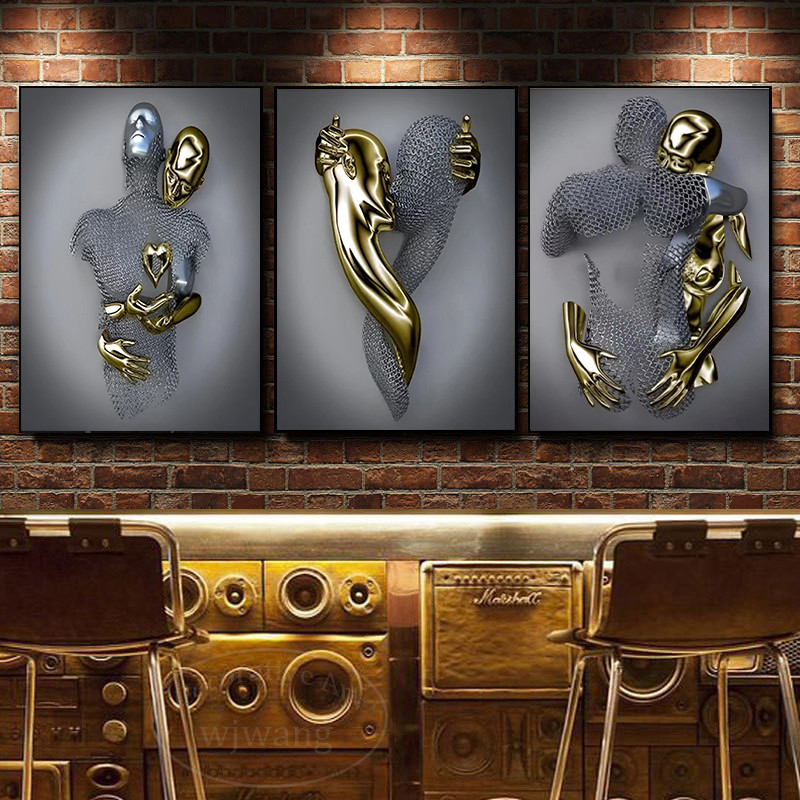 

Love Heart Metallic Wall Art Canvas Painting 3D Effect,Hugging Couple Posters and Prints Kissing Art for Living Room Home Decor