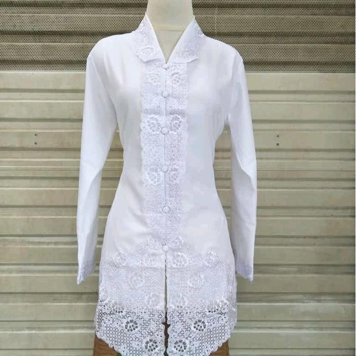 Kebaya Encim Dewasa Lengan Panjang Bordir Ornamen Katun Toyobo - Dress, Putih, Baju, Tangan bali Ata