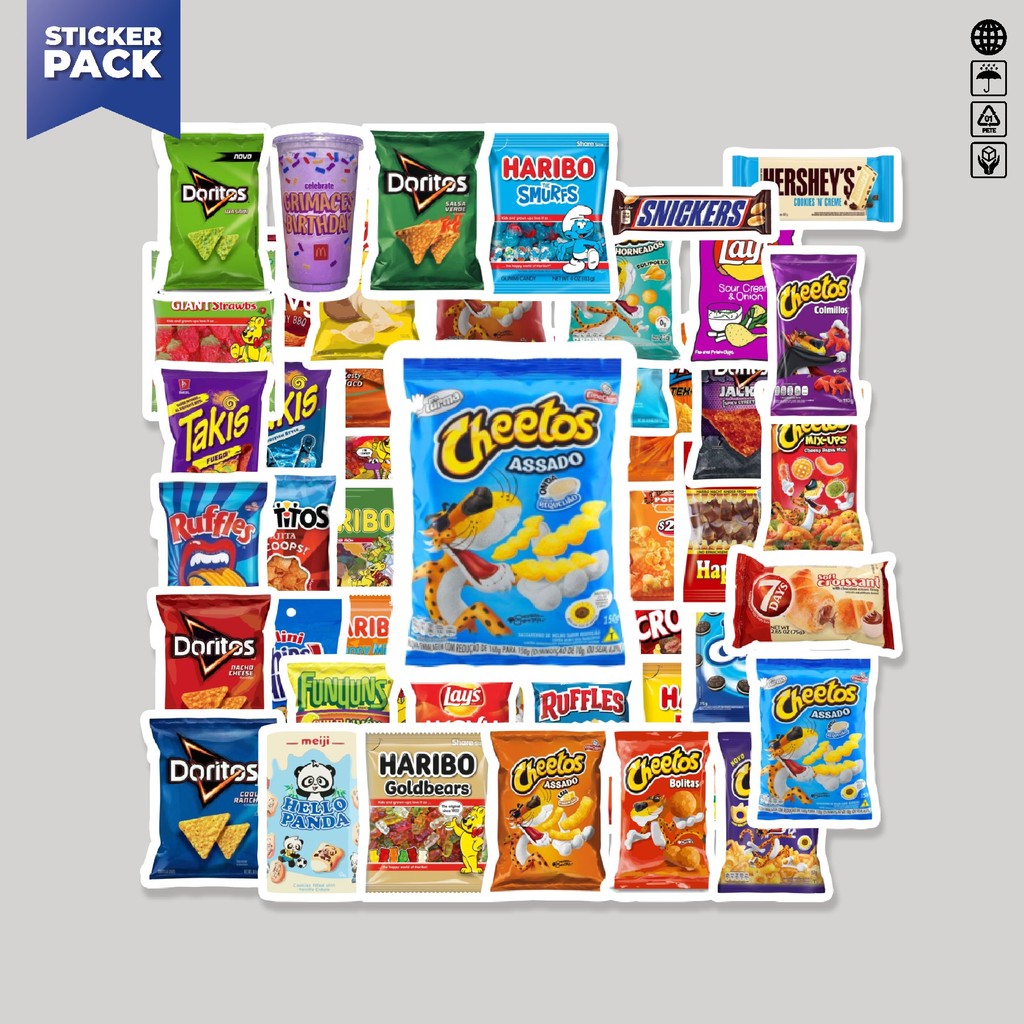 

[100PCS]Stiker Pack Stiker Desain Makanan Ringan & Permen Aesthetic Vinyl Anti Air Dekorasi Sticker Laptop Buku Journal Koper Helm Casing HP Gitar Helm Skateboard