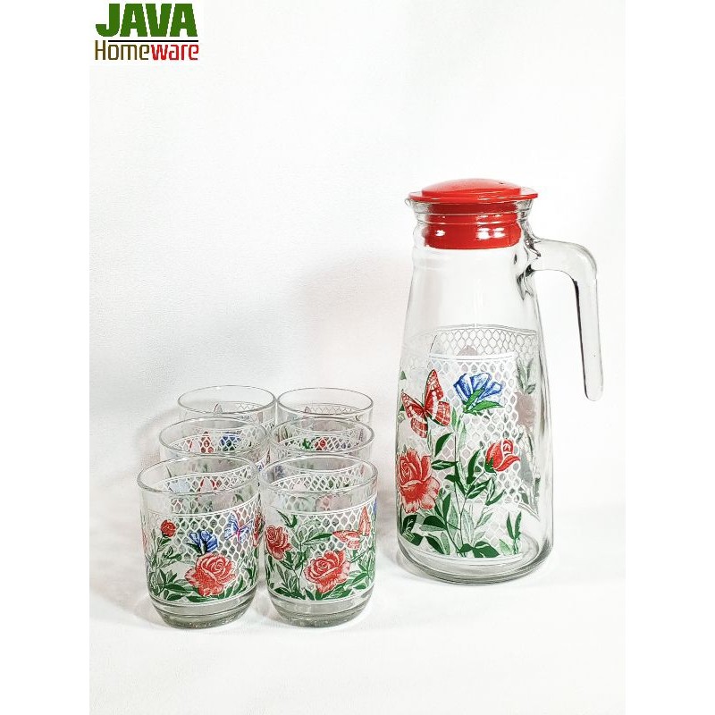 DRINK SET BLOOMING ROSES | TEKO GELAS SET | TEA SET | GELAS PITCHER KACA | DRINK SET KACA