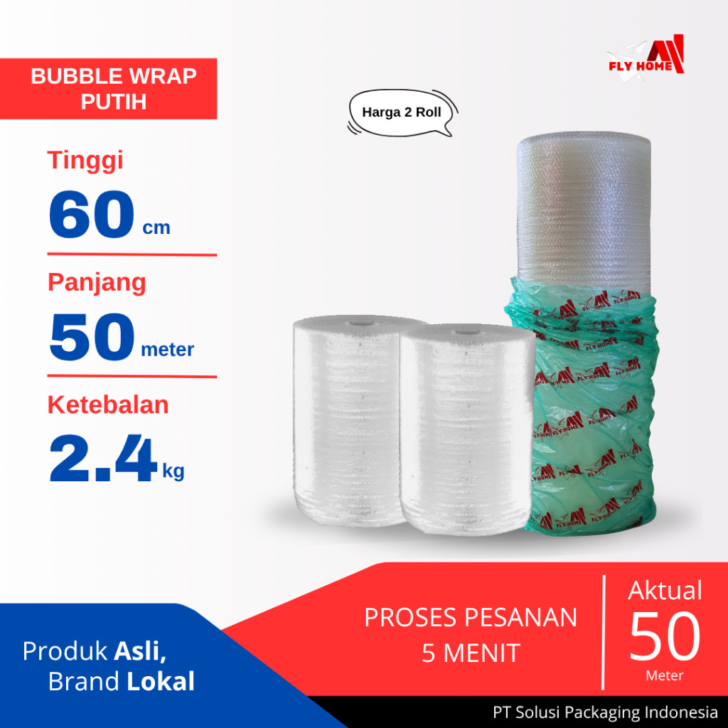 

FLYHOME Bubble wrap putih potongan 60cm 2 roll besar 2,4kg 60x50meter