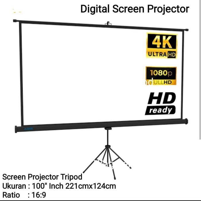 Screen Projector Tripod 100" Ratio 16:9 Wide Screen - Layar Proyektor 100" Inch Stand Tripod
