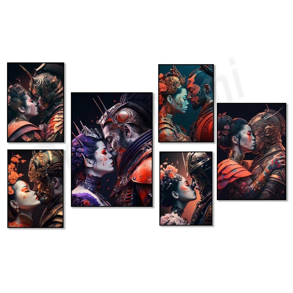 

Japanese Geisha And Samurai Kiss Canvas Painting Posters and Prints Abstract Wall Art Pictures for Modern Living Room Home Decor