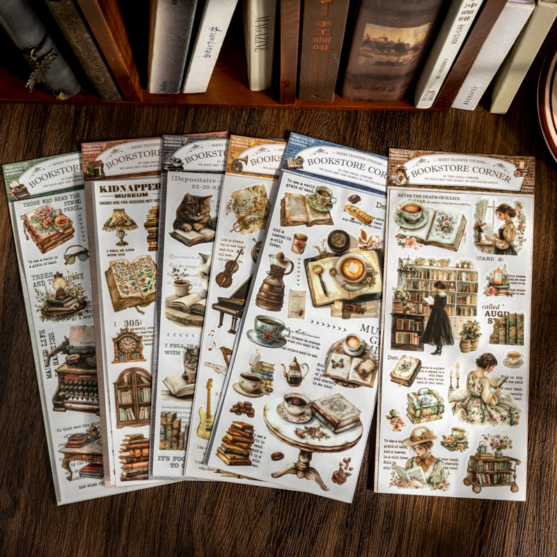 

2Sheets/Bag Bookstore Corner Landscape Transfer Stickers for Scrap Books Handmade Art Handbooks Phone Cases Notebook Decoration