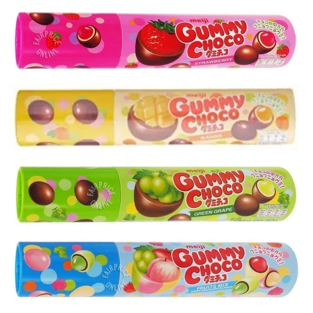 

MEIJI Gummy Chocolate varian Green Grape, Strawberry and Fruit Mix