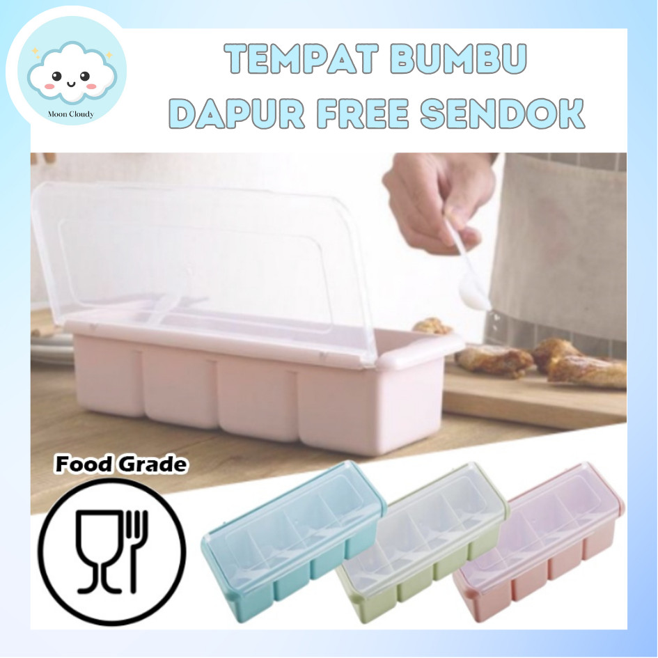 Tempat Bumbu Dapur Panjang 4 Sekat FREE Sendok Kotak Wadah Penyimpanan Gula Garam Micin Lada Seasoni