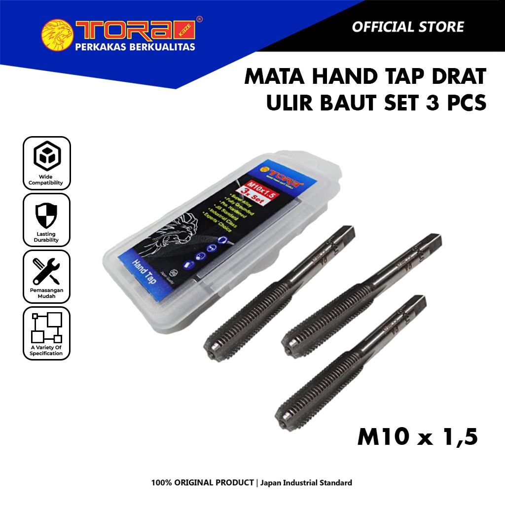 TORA Mata Tap Ulir Baut Set 3 Pcs M10 x 1,5 - Hand Tap Drat Baut Rusak Dol Set - Pelubang Baja Besi