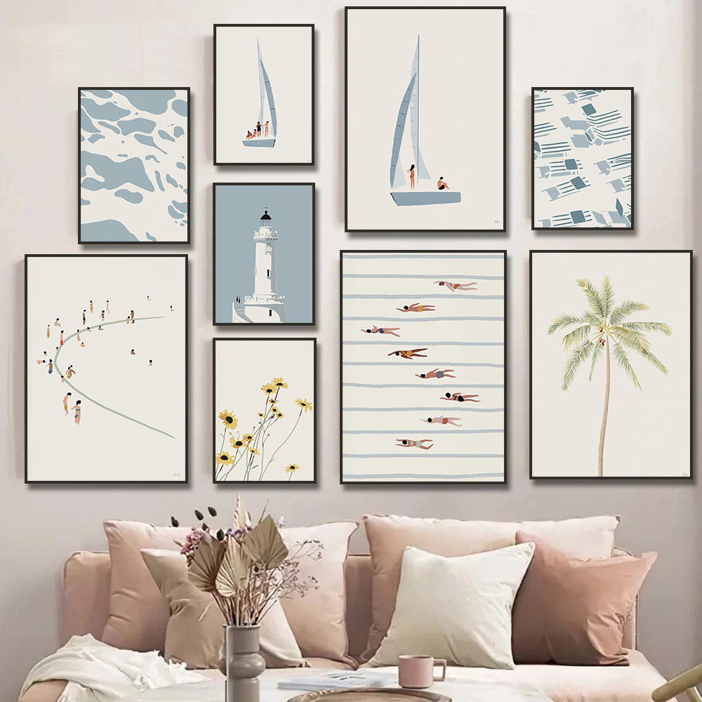 

Sailboat Swimming Pool Ocean Floral Minimalist Wall Art Canvas Painting Posters and Prints Wall Pictures for Living Room Decor
