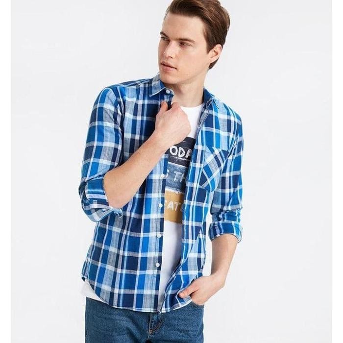 Kemeja Pria Slim Fit LC Waikiki Plaid Checked Sax Biru - XL