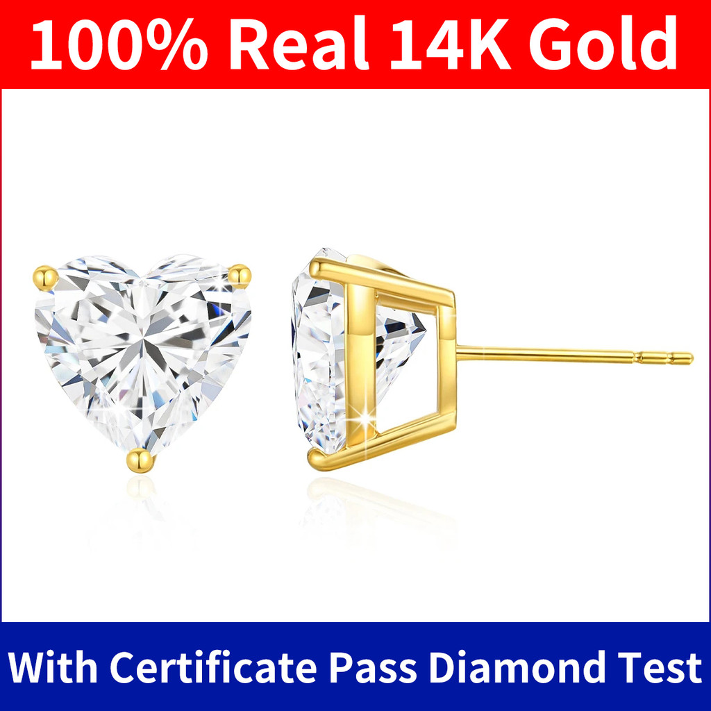 Szjinao Pure 14K Gold Hearts Earrings Moissanite Real Gold Certified Women Jewelry Three Claw Luxury