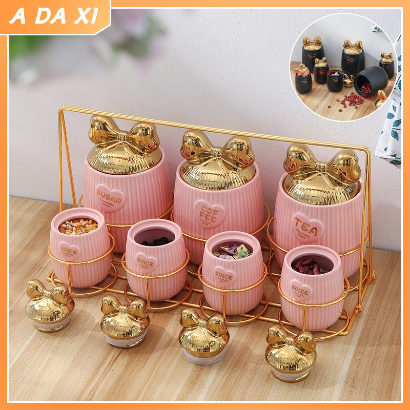 7PCS/Set Guci Tertutup Keramik Peralatan Penyimpanan Bumbu, Bahan Makanan, dan Buah Kering Tempat Bu