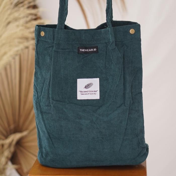 Totebag Tas Corduroy Warna Emerald Green Hijau With Inner Pocket - Emerald Green Hijau