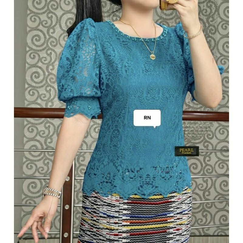 WANTI Atasan Blus Renda Lengan Balon Blus Brokat Wanita