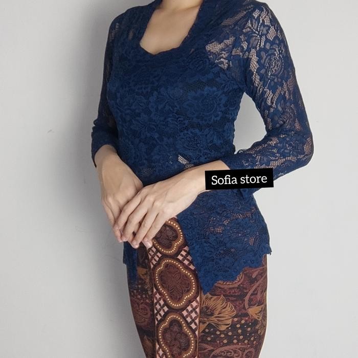 Atasan Kebaya Bali Brokat Bahan Melar Baju Saja - Navy, S