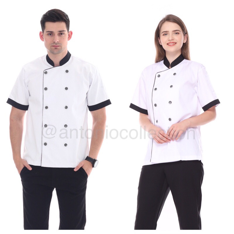 Baju Koki / Chef Jacket Putih Lis Hitam Lengan Pendek