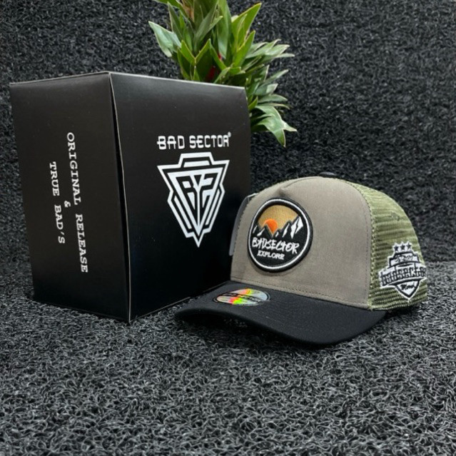 Badsector Explore Topi Baseball Trucker Hitam Hijau Army Unisex Topi Original Distro