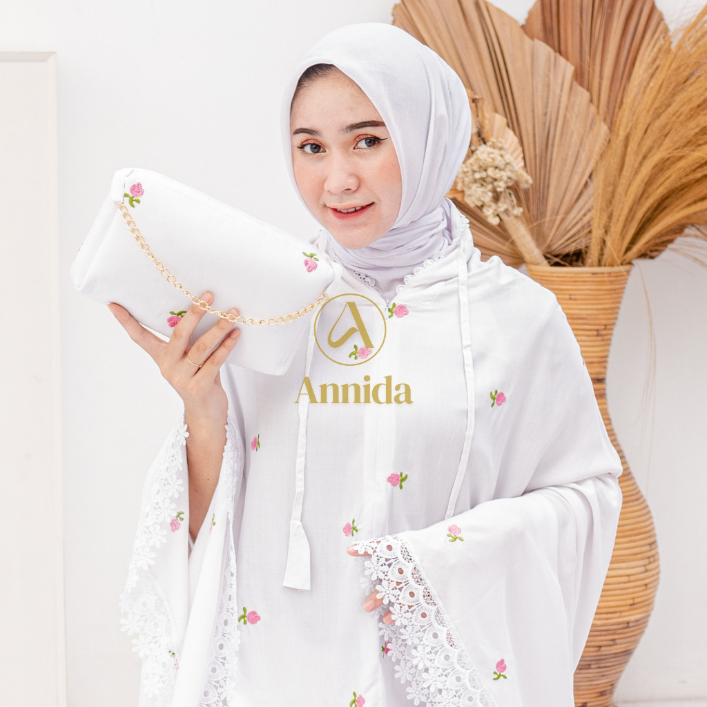 JUANXSHOP Mukena Dewasa Katun Rayon  Bordir Inara Putih Renda Mewah Jumbo