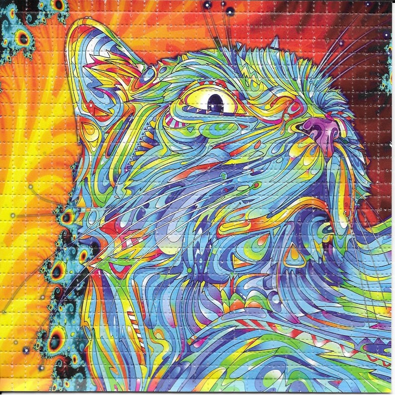 

Angry Cat Psychedelic LSD Acid Free Blotter Art Print Trippy Perforated Paper Painting Wall Picture Home Decor Poster Canvas