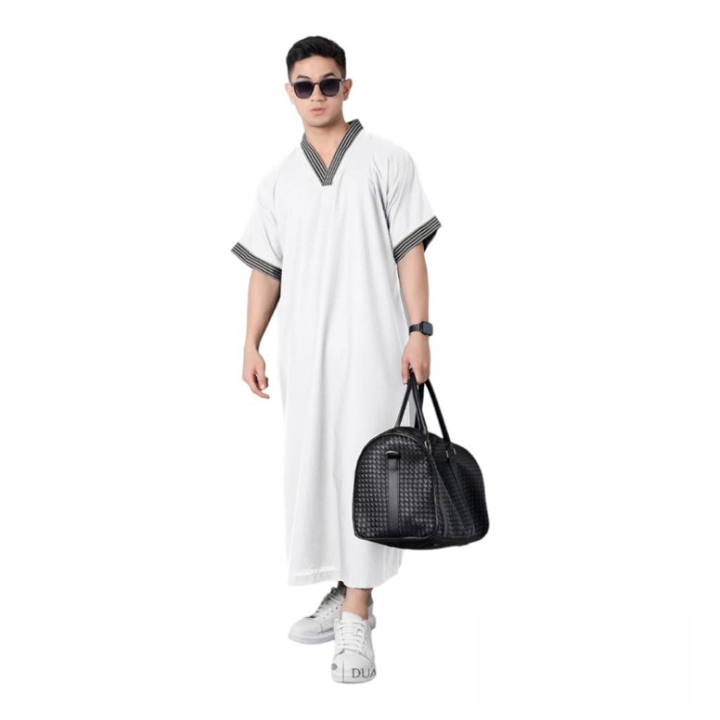 PARXETSHOP  Jubah gamis maroko pria dewasa lengan pendek kerah v bahan katun